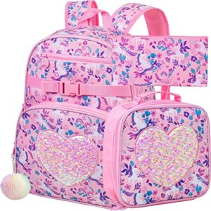 zlyert 3pcs unicorn backpack for girls, kids bookbag for preschool elementary students, 16″ sequin backpacks with lunch box for girl – pink