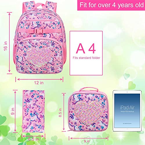 ZLYERT 3PCS Unicorn Backpack for Girls, Kids Bookbag for Preschool Elementary Students, 16" Sequin Backpacks with Lunch Box for Girl - Pink