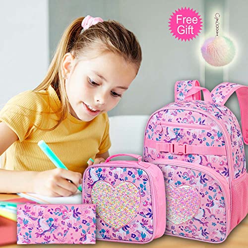 ZLYERT 3PCS Unicorn Backpack for Girls, Kids Bookbag for Preschool Elementary Students, 16" Sequin Backpacks with Lunch Box for Girl - Pink