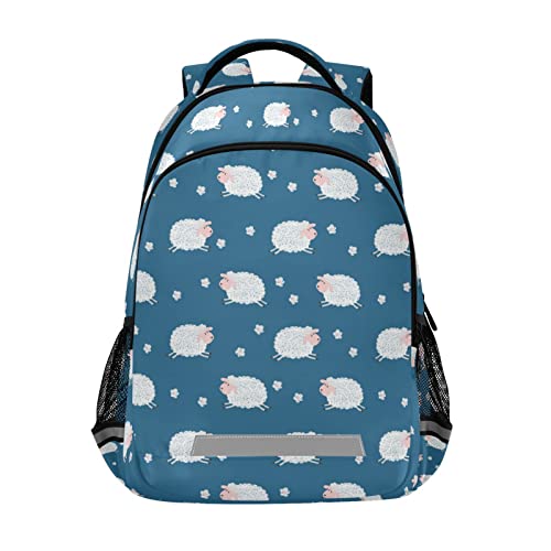 Cute White Sheep School Backpacks with Chest Strap for Teens Boys Girls,Lightweight Student Bookbags 17 Inch, Lamb Pattern Casual Daypack Schoolbags