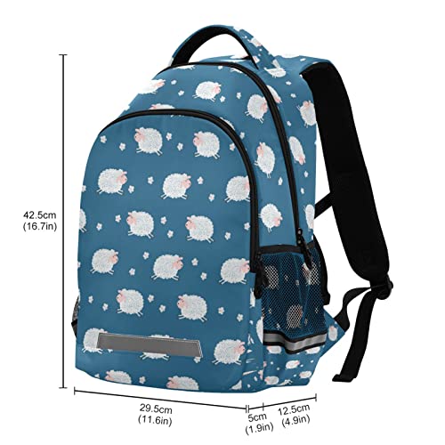 Cute White Sheep School Backpacks with Chest Strap for Teens Boys Girls,Lightweight Student Bookbags 17 Inch, Lamb Pattern Casual Daypack Schoolbags