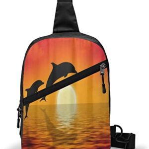 Chest Bag Dolphins Swimming in Sunset,Sling Bags Multipurpose Crossbody Shoulder Backpack Waterproof Travel Hiking