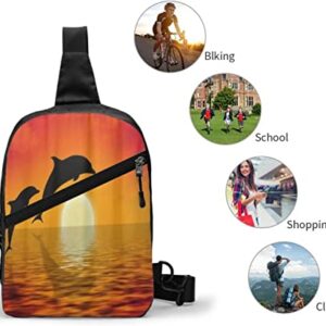 Chest Bag Dolphins Swimming in Sunset,Sling Bags Multipurpose Crossbody Shoulder Backpack Waterproof Travel Hiking