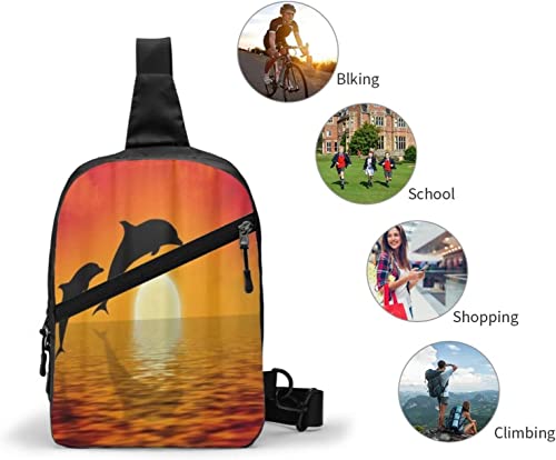 Chest Bag Dolphins Swimming in Sunset,Sling Bags Multipurpose Crossbody Shoulder Backpack Waterproof Travel Hiking