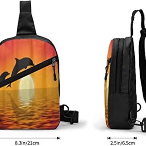 Chest Bag Dolphins Swimming in Sunset,Sling Bags Multipurpose Crossbody Shoulder Backpack Waterproof Travel Hiking