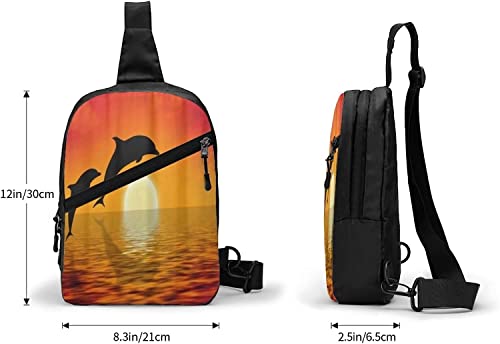 Chest Bag Dolphins Swimming in Sunset,Sling Bags Multipurpose Crossbody Shoulder Backpack Waterproof Travel Hiking