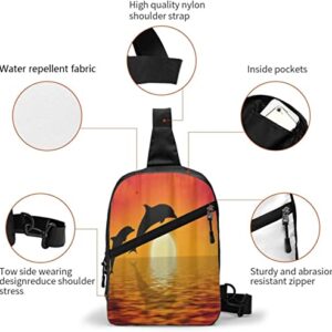 Chest Bag Dolphins Swimming in Sunset,Sling Bags Multipurpose Crossbody Shoulder Backpack Waterproof Travel Hiking