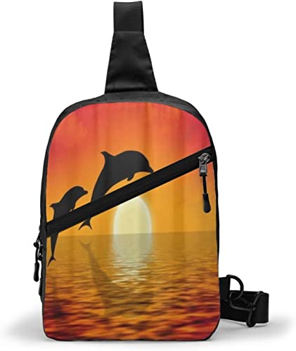 Chest Bag Dolphins Swimming in Sunset,Sling Bags Multipurpose Crossbody Shoulder Backpack Waterproof Travel Hiking