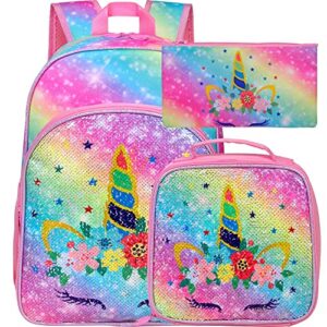 wzlvo 3pcs unicorn backpack for girls, 16” kids sequin bookbag, elementary preschool school back packs and lunch box