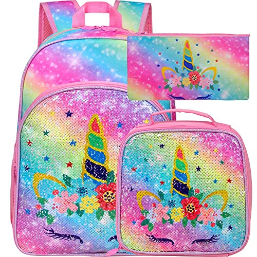 WZLVO 3PCS Unicorn Backpack for Girls, 16” Kids Sequin Bookbag, Elementary Preschool School Back Packs and Lunch Box