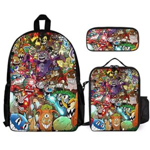 woodyotime cuphead and mugman show 3 piece set laptop backpack for school bag and lunchbox and pencil pouch for women men