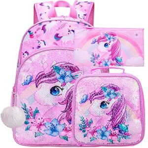 ufndc 3pcs unicorn backpack for girls, 16”kids sequin bookbag with lunch box, school bag for elementary toddler