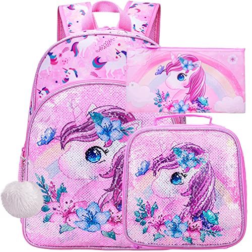 UFNDC 3PCS Unicorn Backpack for Girls, 16”Kids Sequin Bookbag with Lunch Box, School Bag for Elementary Toddler