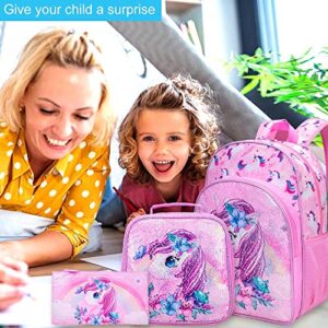 UFNDC 3PCS Unicorn Backpack for Girls, 16”Kids Sequin Bookbag with Lunch Box, School Bag for Elementary Toddler