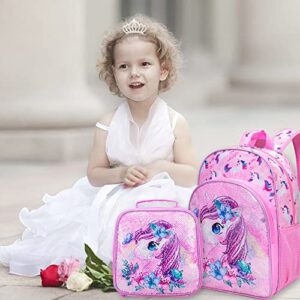 UFNDC 3PCS Unicorn Backpack for Girls, 16”Kids Sequin Bookbag with Lunch Box, School Bag for Elementary Toddler