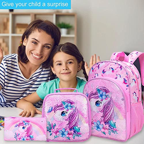 UFNDC 3PCS Unicorn Backpack for Girls, 16”Kids Sequin Bookbag with Lunch Box, School Bag for Elementary Toddler