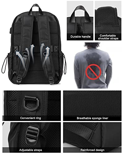 Small Black Travel Laptop Backpack Airline Approved, Business Laptops Carry on Backpack with USB Charging Port,Waterproof College High School Bag Bookbag Gifts for Men Women Fits 14 Inch Notebook
