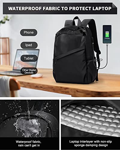 Small Black Travel Laptop Backpack Airline Approved, Business Laptops Carry on Backpack with USB Charging Port,Waterproof College High School Bag Bookbag Gifts for Men Women Fits 14 Inch Notebook