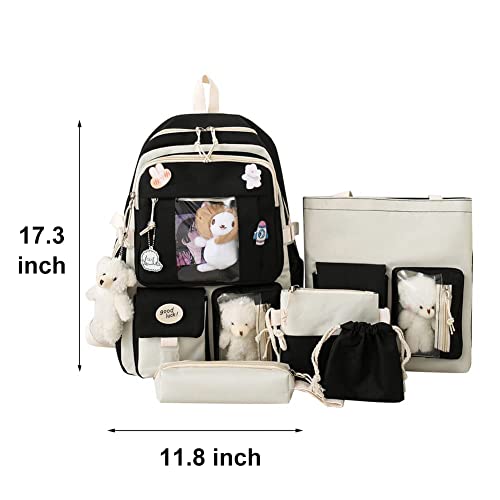 AONUOWE Kawaii Backpack with Cute Pins and Pendants 5Pcs Set Preppy Rucksack for Teen Girls School Bag Aesthetic Backpack (Black)