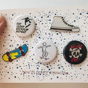 5 piece Skateboard Theme Backpack Pins Buttons with Enamel Pins Multipack 1.25 Inch PinBack Buttons birthday holliday back to school backpack buttons Set of 5 Skate Board Theme pins