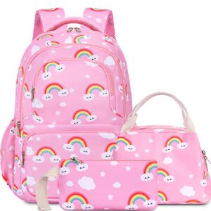 unineovo backpack for girls, 16′ rainbow school backpack for kids – lightweight water resistant bookbag – pink nylon school bag set gifts for kid