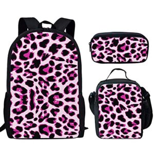 glenlcwe pink leopard print stylish girls backpack school daypack with lunch box pencil case lightweight for school travel picnic