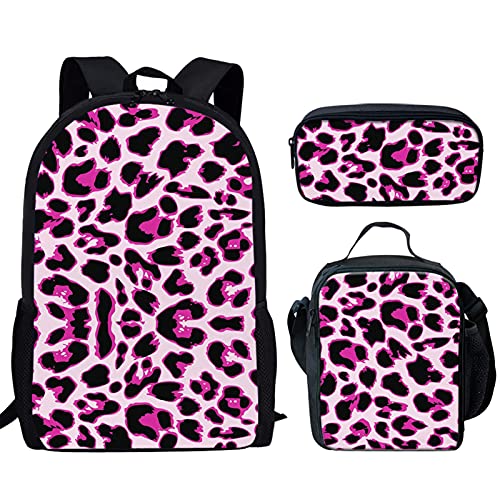 GLENLCWE Pink Leopard Print Stylish Girls Backpack School Daypack with Lunch Box Pencil Case Lightweight for School Travel Picnic