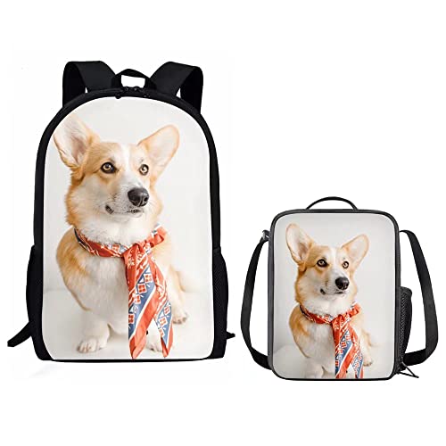 Corgi Printed Casual Backpack Set Boys School Lightweight Bookbags with Insulated Lunch Bag