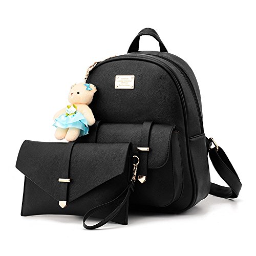 Socutee CLEARANCE! Womens Bowknot 2-PCS Backpack Cute Mini Leather Backpack Purse for Teen Girls (Black)