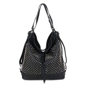 chikencall over-size studded bucket bag or women,3 ways multifunction backpack vegan leather punk rock rivet large shoulder bag crossbody bag black