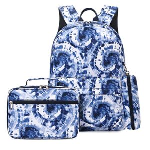 WUUDWALK Backpack for Girls Kids School Backpack/Tie Dye Kids' Bag with Lunch Box Preschool Kindergarten BookBag Set (Tie Dye Blue)