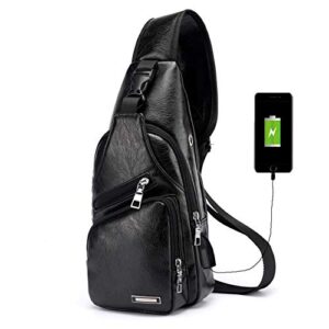 large vintage men’s leather sling bag,chest shoulder backpack, water waterproof crossbody bag with usb charging port -large black
