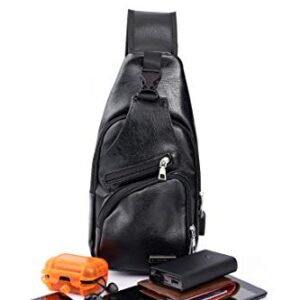 Large Vintage Men's Leather Sling Bag,Chest Shoulder Backpack, Water waterproof Crossbody Bag with USB Charging Port -Large Black