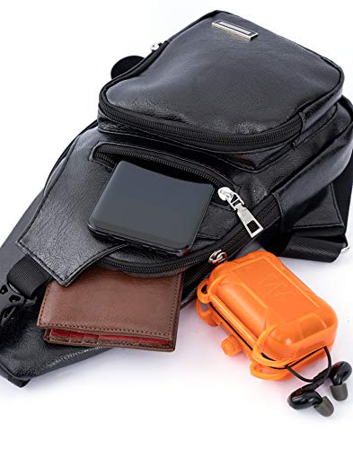 Large Vintage Men's Leather Sling Bag,Chest Shoulder Backpack, Water waterproof Crossbody Bag with USB Charging Port -Large Black