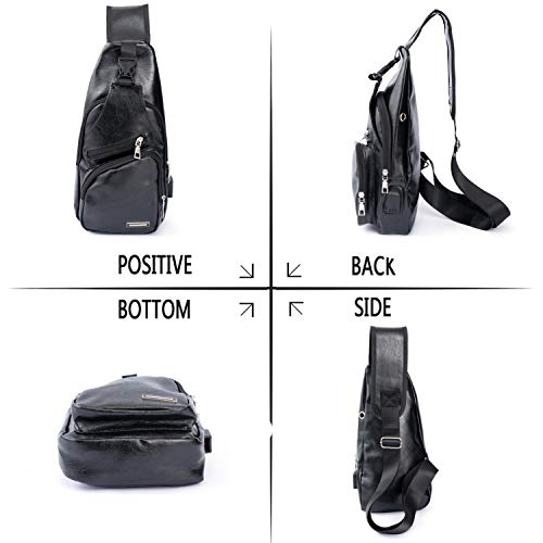 Large Vintage Men's Leather Sling Bag,Chest Shoulder Backpack, Water waterproof Crossbody Bag with USB Charging Port -Large Black
