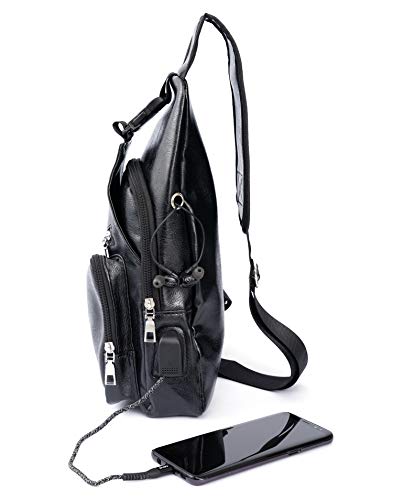 Large Vintage Men's Leather Sling Bag,Chest Shoulder Backpack, Water waterproof Crossbody Bag with USB Charging Port -Large Black