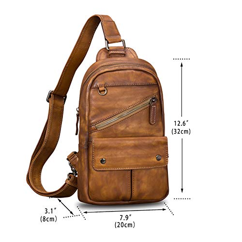 Genuine Leather Sling Bag for Men Vintage Handmade Crossbody Daypack Retro Hiking Backpack Chest Bag Casual Shoulder Bag Sling Purse (Brown)