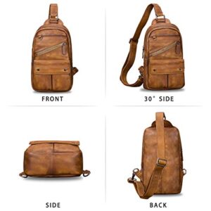 Genuine Leather Sling Bag for Men Vintage Handmade Crossbody Daypack Retro Hiking Backpack Chest Bag Casual Shoulder Bag Sling Purse (Brown)