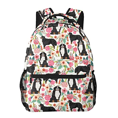 Bernese Mountain Dogs Lovers Rose Flower Floral Dog Puppy Animal 3D Print Backpack Durable Light Cozy Laptop Bag Backpacks For Women Men Teen School Bookbag Travel Hiking Casual Daypack Birthday Gifts