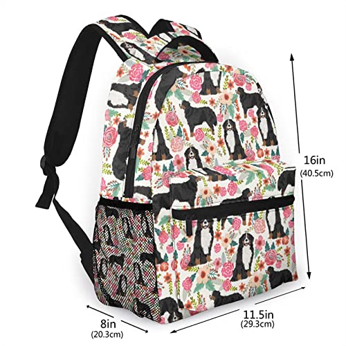 Bernese Mountain Dogs Lovers Rose Flower Floral Dog Puppy Animal 3D Print Backpack Durable Light Cozy Laptop Bag Backpacks For Women Men Teen School Bookbag Travel Hiking Casual Daypack Birthday Gifts