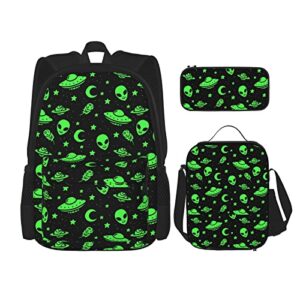 3 pcs green alien ufo moon backpack set with lunch bag pencil case,funny colorful school book bag for girls boys teens