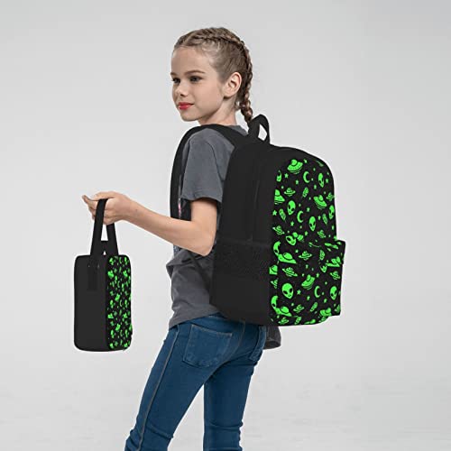 3 PCS Green Alien Ufo Moon Backpack Set With Lunch Bag Pencil Case,Funny Colorful School Book Bag For Girls Boys Teens