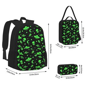 3 PCS Green Alien Ufo Moon Backpack Set With Lunch Bag Pencil Case,Funny Colorful School Book Bag For Girls Boys Teens