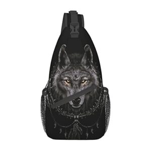 tribal wolf black crossbody backpack daypack large sling bag with water bottle holder for men women gym travel hiking chest bags
