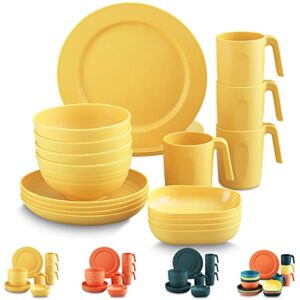 kyraton plastic dinnerware sets of 20 pieces, unbreakable and reusable light weight plates mugs bowls dishes easy to carry and clean microwave safe bpa free dishwasher safe service for 4 (gold yellow)