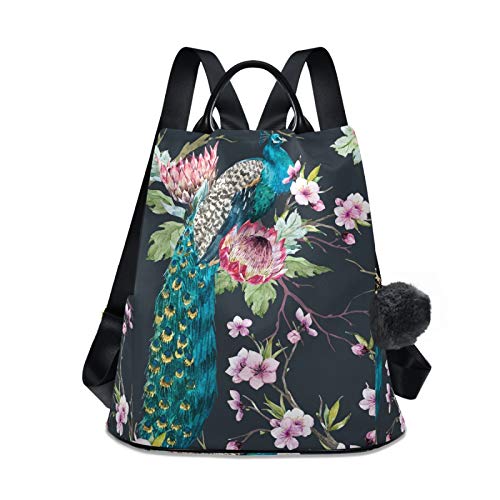 ALAZA Watercolor Peacock Flower Floral Backpack Purse for Women Anti Theft Fashion Back Pack Shoulder Bag