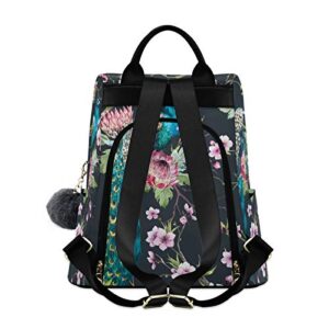 ALAZA Watercolor Peacock Flower Floral Backpack Purse for Women Anti Theft Fashion Back Pack Shoulder Bag