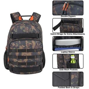 Skateboard Laptop Backpacks for School, Travel, and Work – Multipocket Skater Backpacks with Straps (Camo)