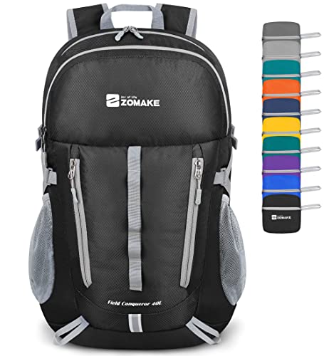 ZOMAKE Packable Hiking Backpack:40L Lightweight Backpacks - Foldable Light Weight Back Pack Water Resistant Small Packable Day Pack for Travel Camping Outdoor (Black)