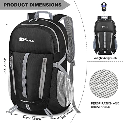 ZOMAKE Packable Hiking Backpack:40L Lightweight Backpacks - Foldable Light Weight Back Pack Water Resistant Small Packable Day Pack for Travel Camping Outdoor (Black)